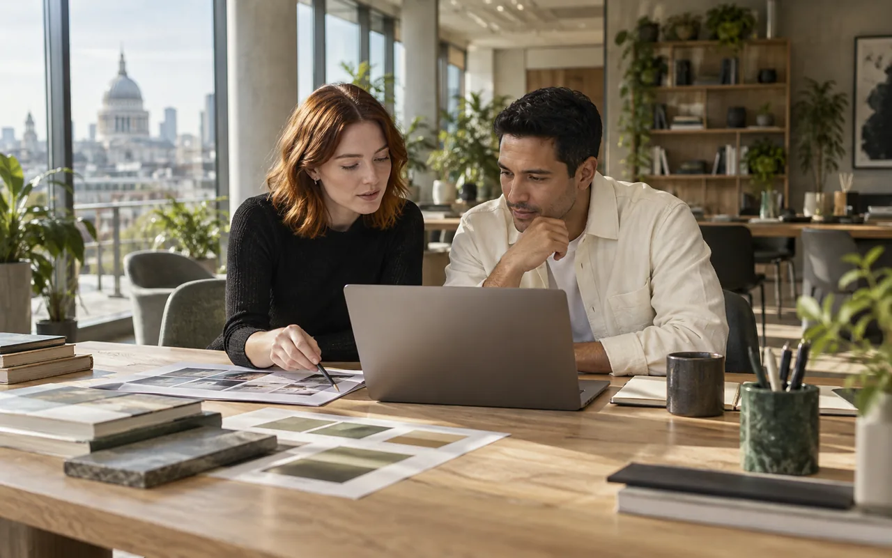 Two colleagues reviewing creative work in a bright contemporary agency