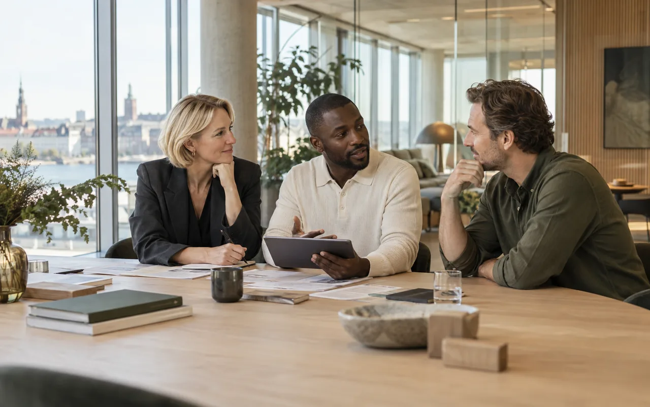 Three colleagues discussing strategy in a contemporary brand headquarters