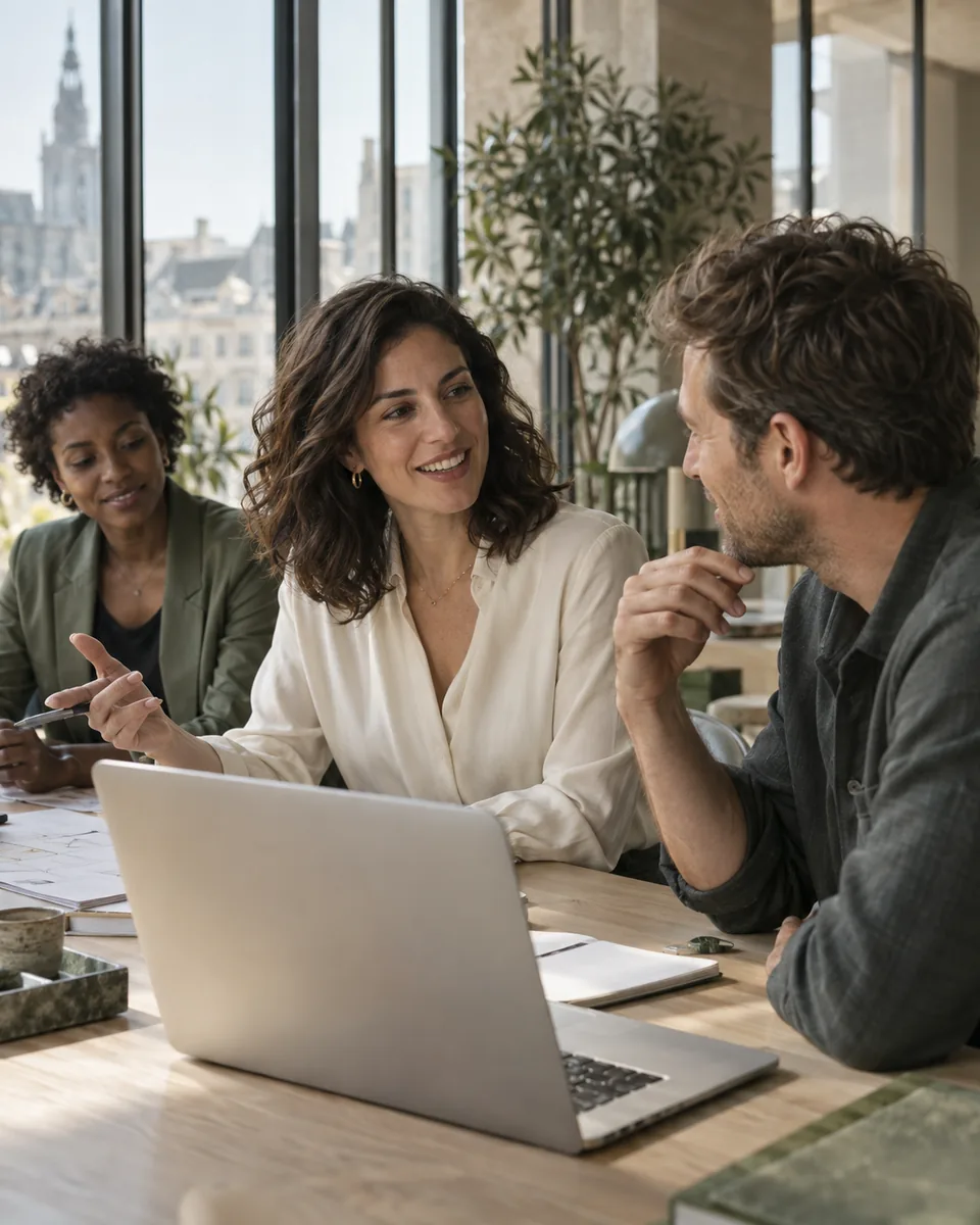 Three marketing professionals collaborating around a laptop in a sunlit office